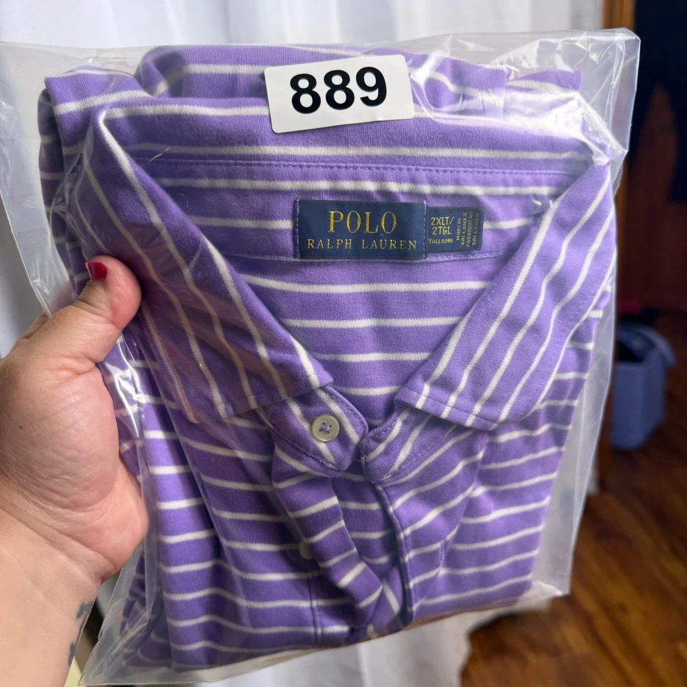 Polo Ralph Lauren Mens 2XLT Purple White Striped Short Sleeve Polo Shirt Tall